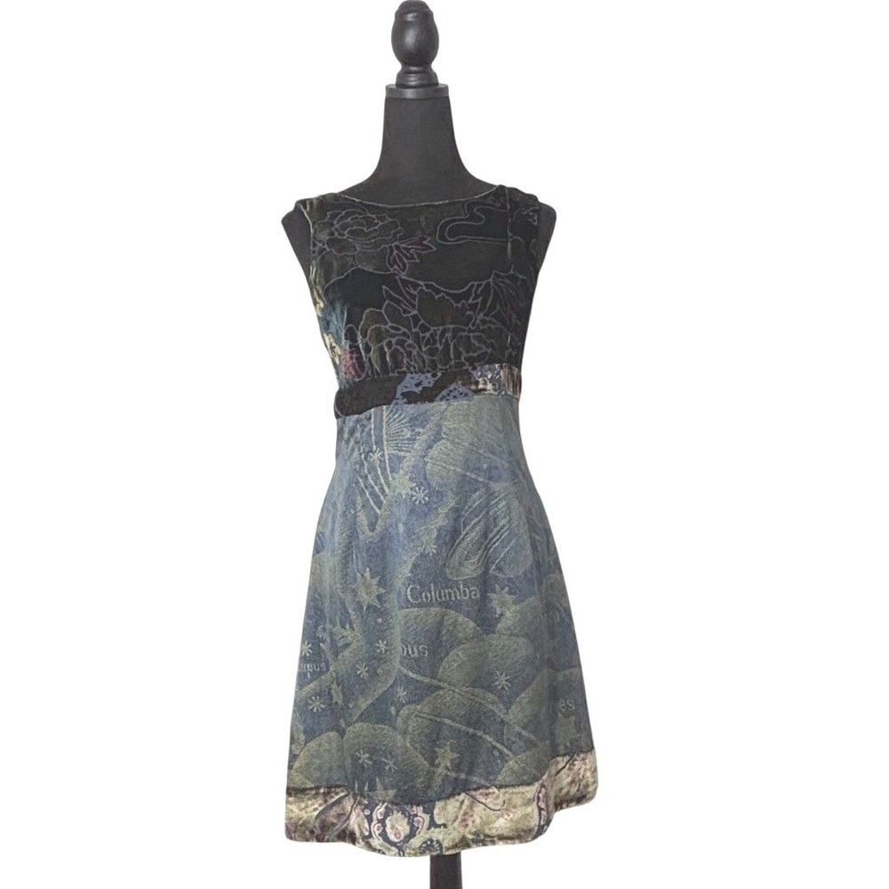 Custo Barcelona Y2K Mixed Media Silk Velvet Celestial Dress Rare Blue Green 40/6